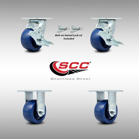 Service Caster 4 Inch Stainless Steel Solid Poly Caster Set with 2 Brakes/Swivel Lock 2 Rigid SCC-SS30S420-SPUB-TLB-BSL-2-R-2